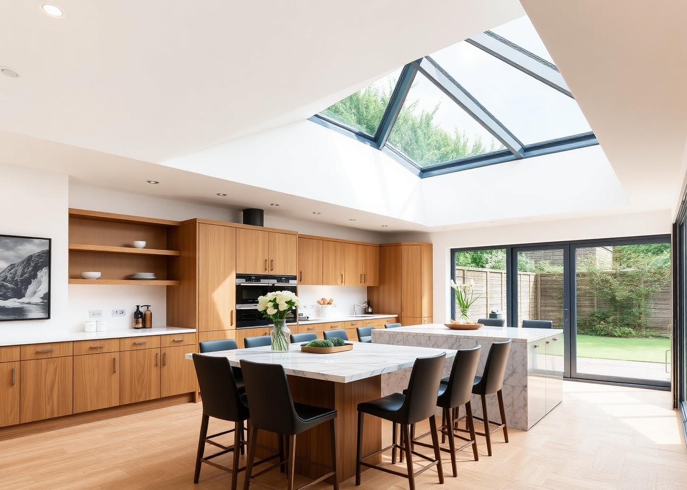 Kitchen extension interior with vaulted ceiling and roof lantern