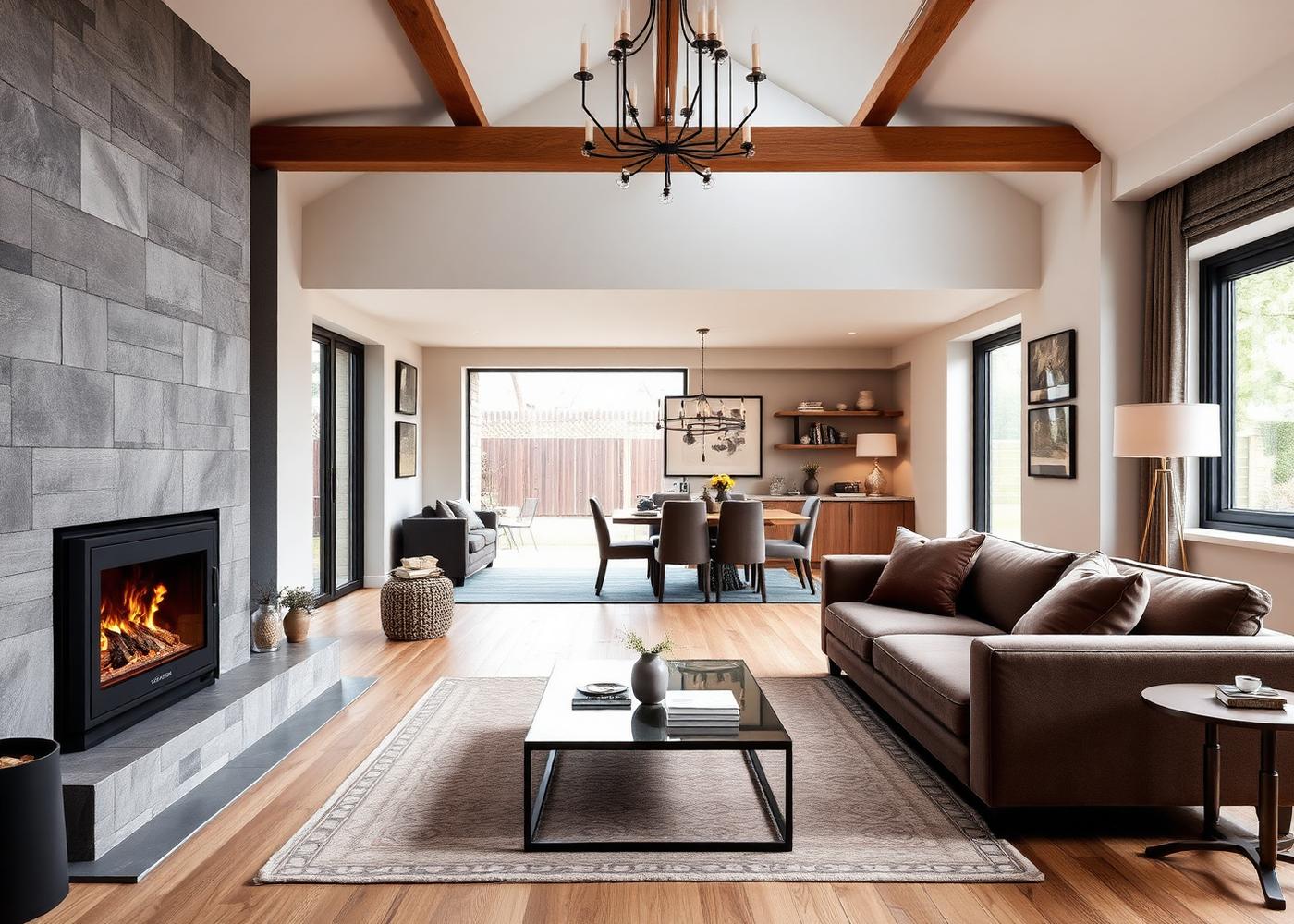 Extension living space interior with feature wall and log burner
