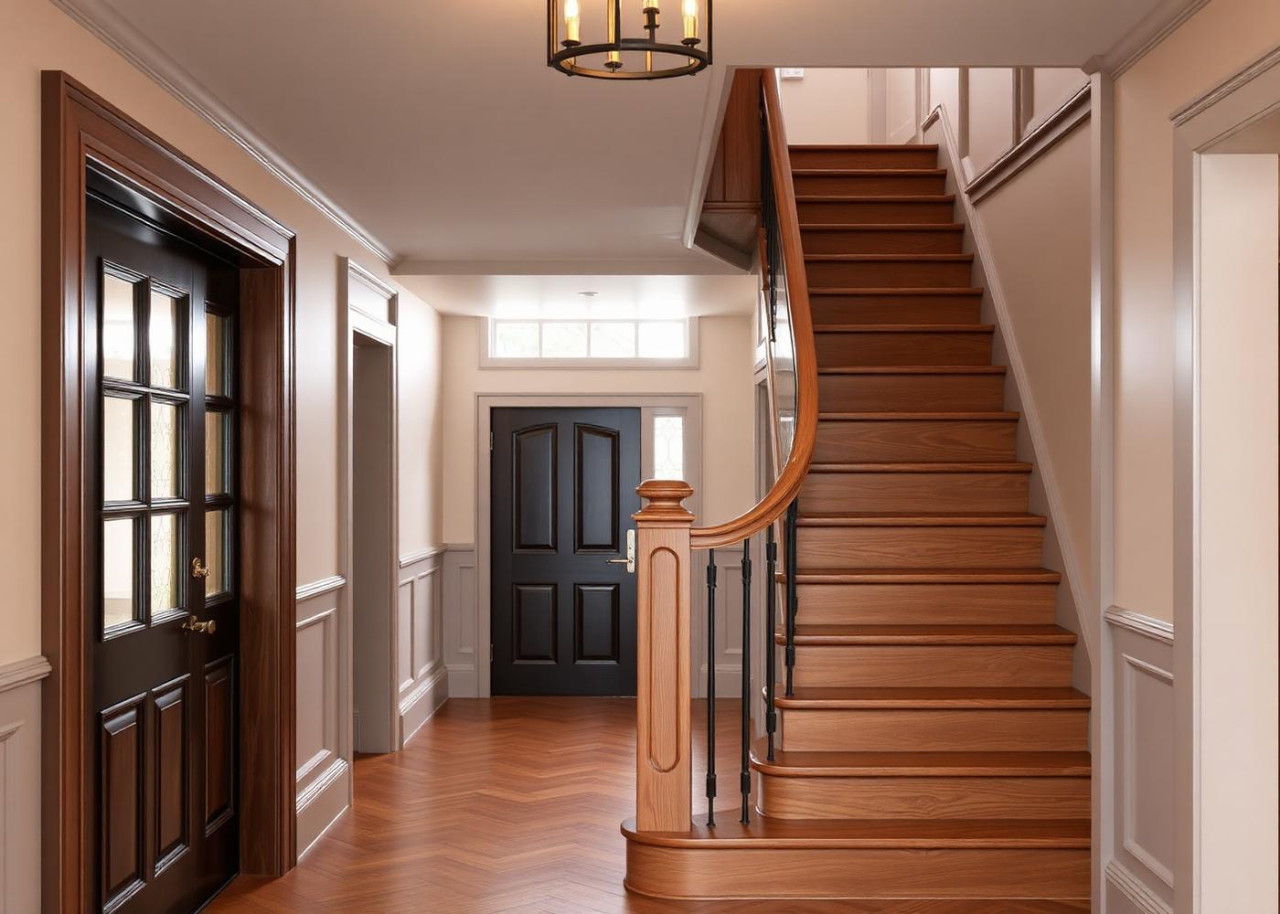 Elegant entrance hallway with oak staircase and panelling