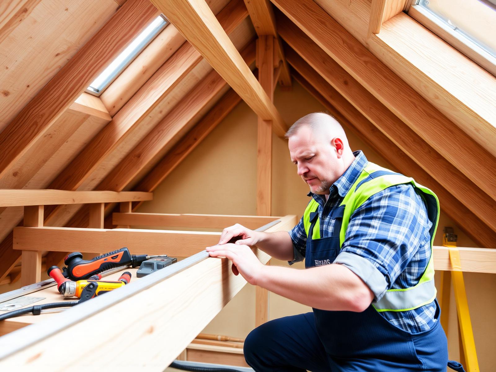Carpenter working on loft roof structure