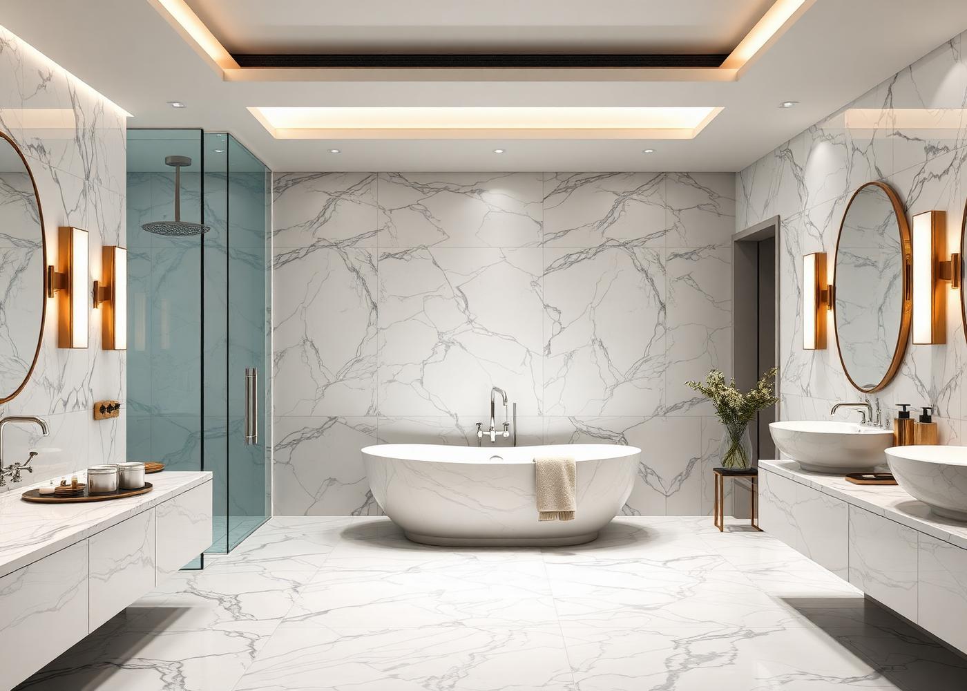 Luxury bathroom interior with marble tiles and freestanding bath