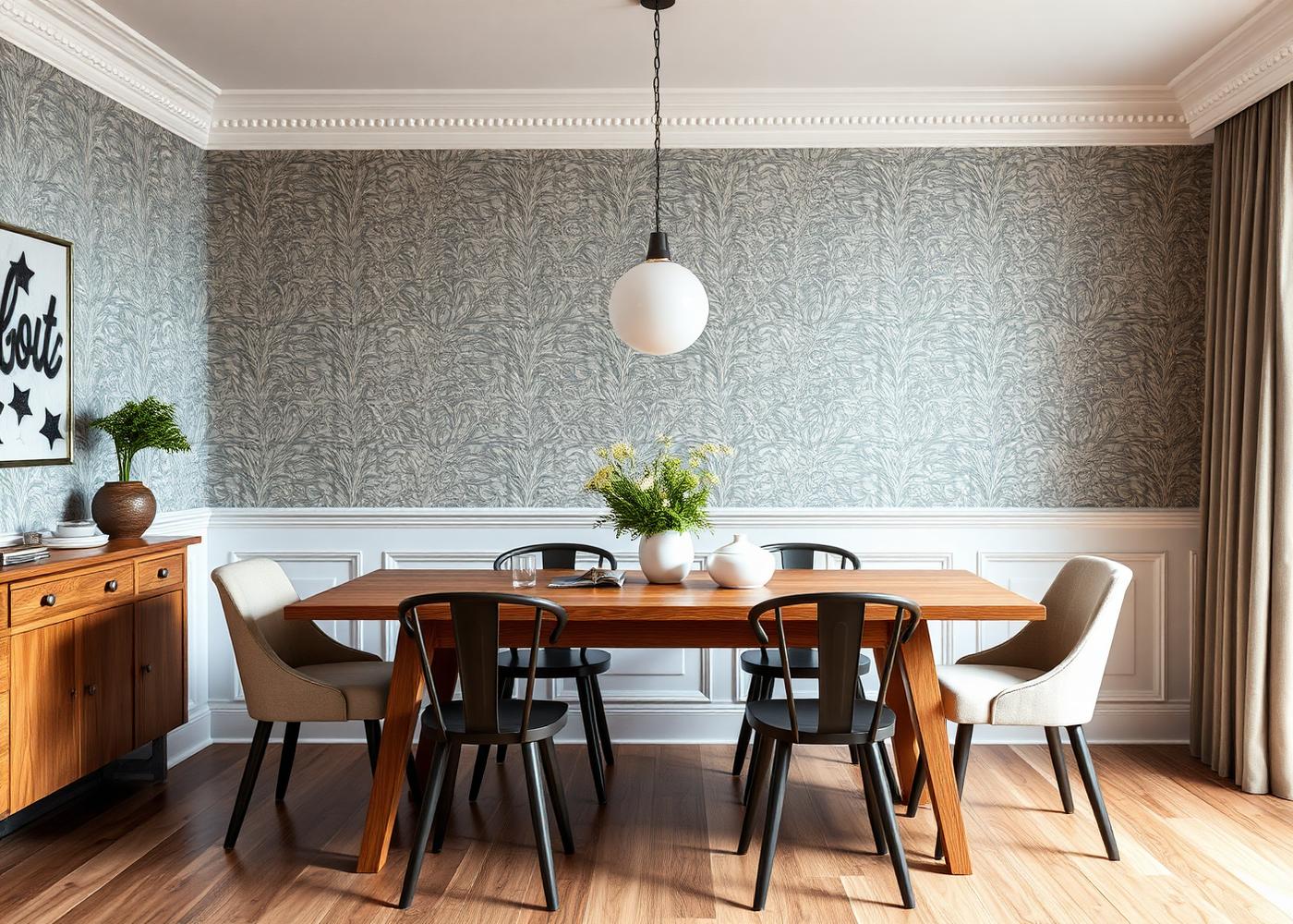 Dining room with wallpaper feature wall and pendant lighting