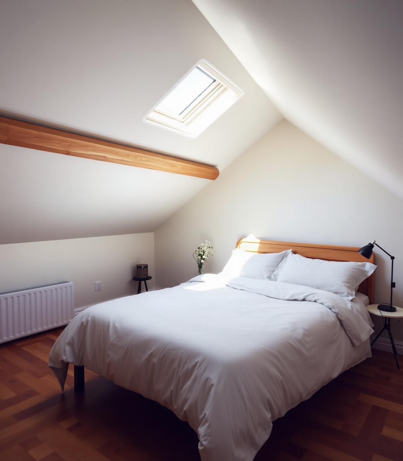 Bright loft bedroom interior with skylight