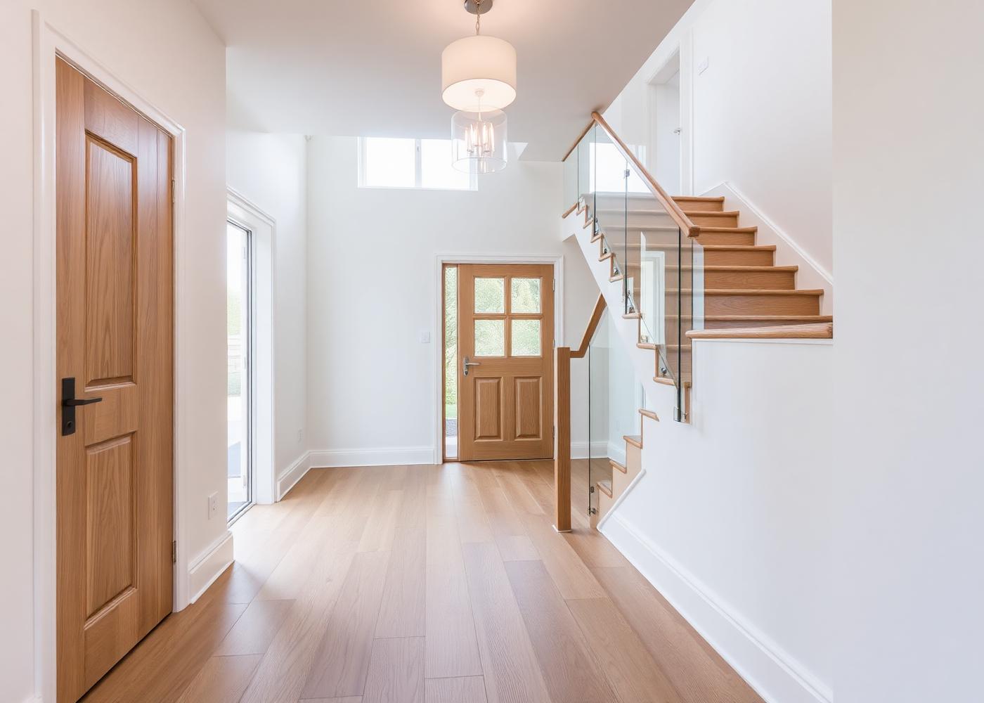 Finished new-build hallway interior with oak staircase
