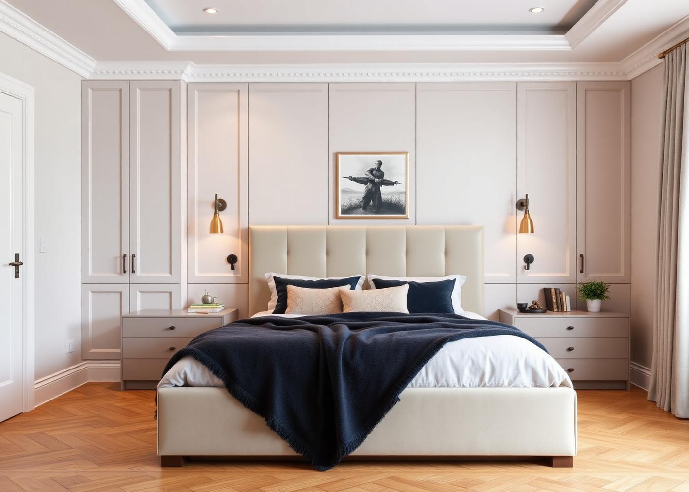 New-build master bedroom interior with panelled headboard