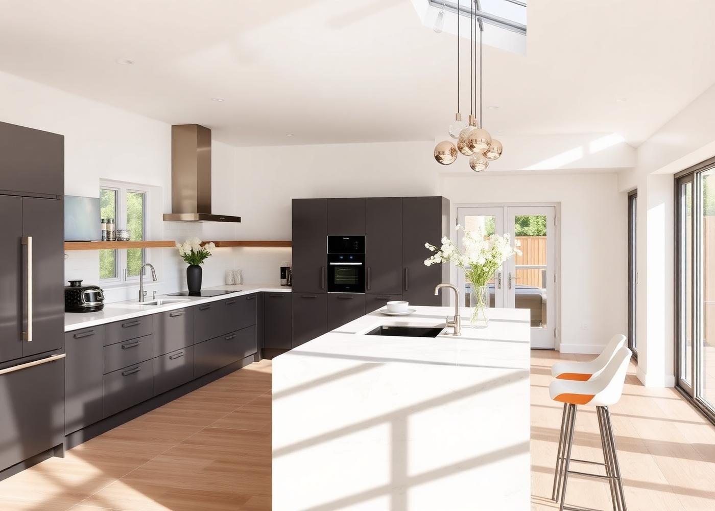 Open plan kitchen interior with island and pendant lights