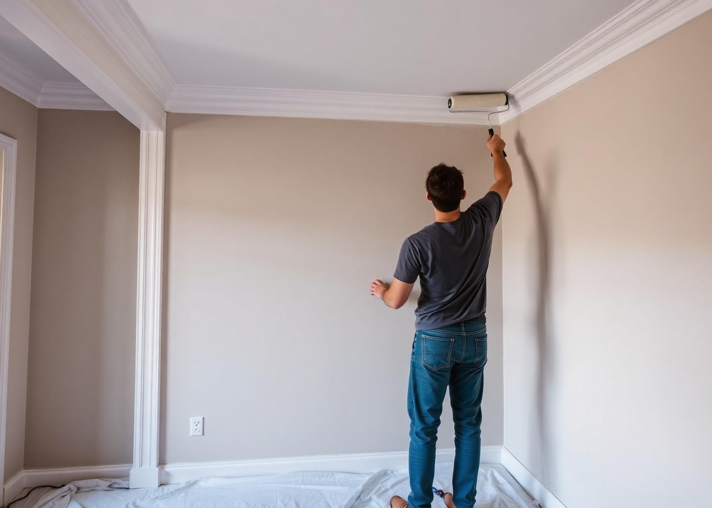 Decorators applying wallpaper to a feature wall
