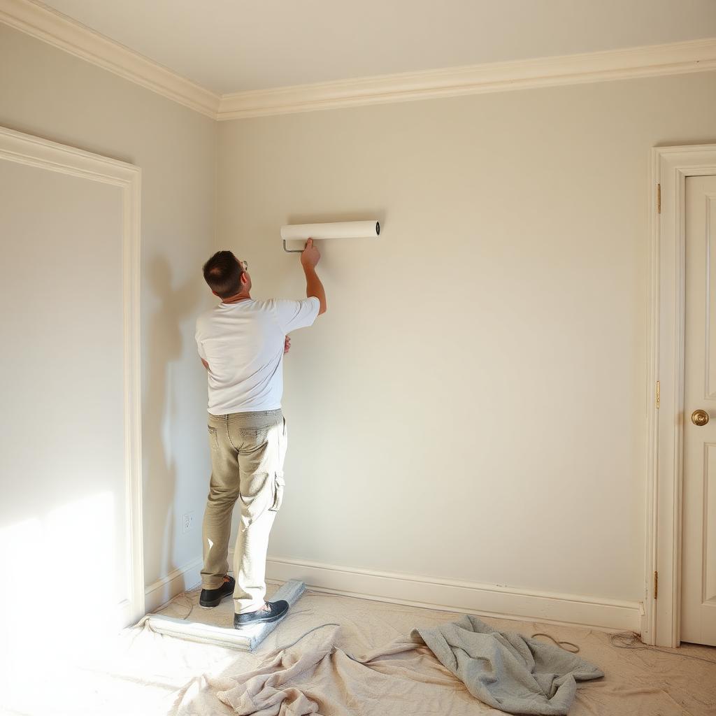 Decorators applying wallpaper to a feature wall