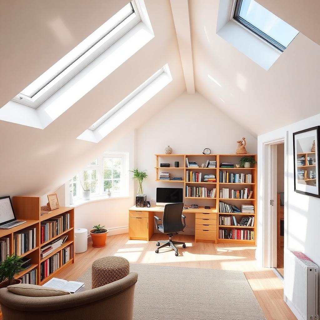 Bright loft home office with velux skylights