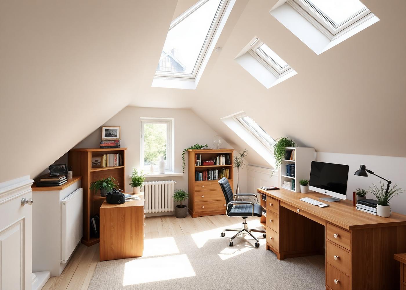 Bright loft home office with velux skylights